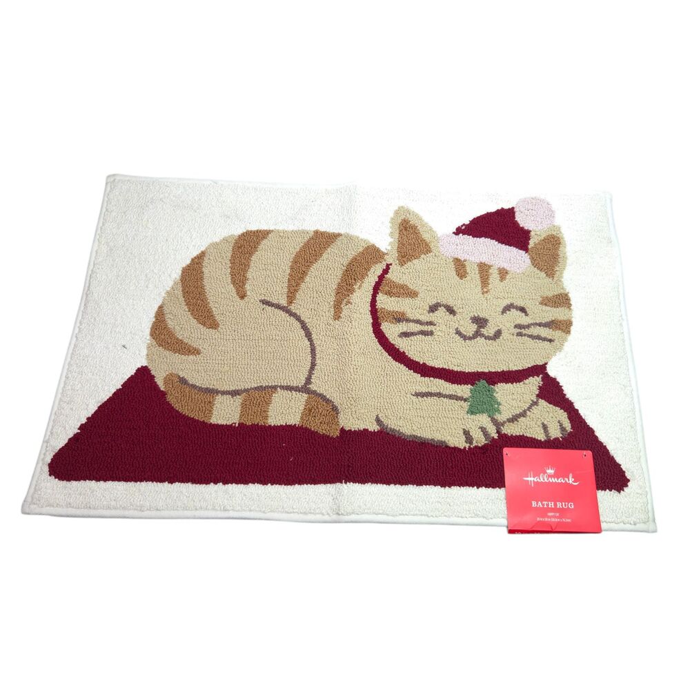 Christmas Cat Bath Rug Hallmark Happy Cat Santa Hat Holiday Mat 20x30 New